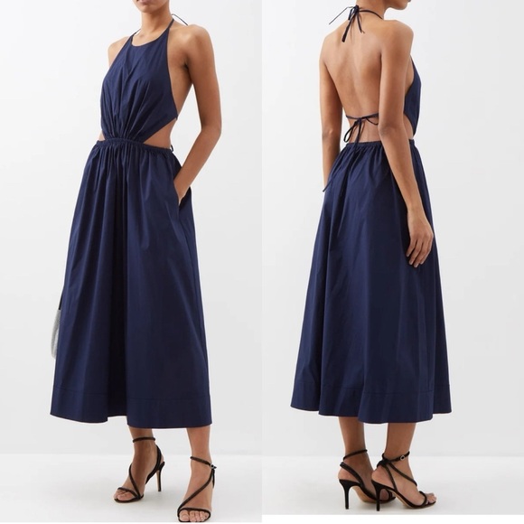 STAUD Dresses & Skirts - STAUD Vanessa halterneck cotton blend poplin dress pocket tie back midi navy xl